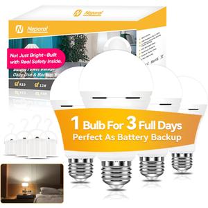 Neporal LITE PRO Rechargeable Light Bulbs, 2600mAh Large Battery Backup Light Bulbs, Socket Rechargeable Emergency Lights for Home, Hurricane Prepareness Item, E26/E27 (White-2600mAh) (4 Count (2600mAh))