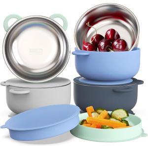 Bakpoco Baby Suction Bowls with Lids 4-Pack, 2-in-1 Stainless Steel 304 Toddler Bowl & Removable Silicone Suction Kids Bowl Plate Set Non Toxic Snack Dishes for Self-Feeding, Ocean Explorer Set