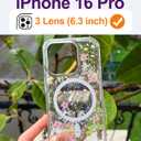 Cute Real Flowers for iPhone 16 Pro Case [Compatible with MagSafe] Glitter Magnetic Cover with Pressed Dried Floral Phone Case for Girly and Women - Clear Sparkly