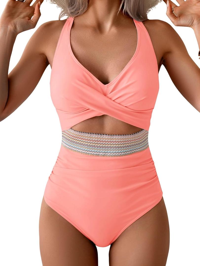 B2prity One Piece Swimsuit for Women Tummy Control V Neck Bathing Suit Color Block High Waisted Cutout Swimwear (Large, Pink)