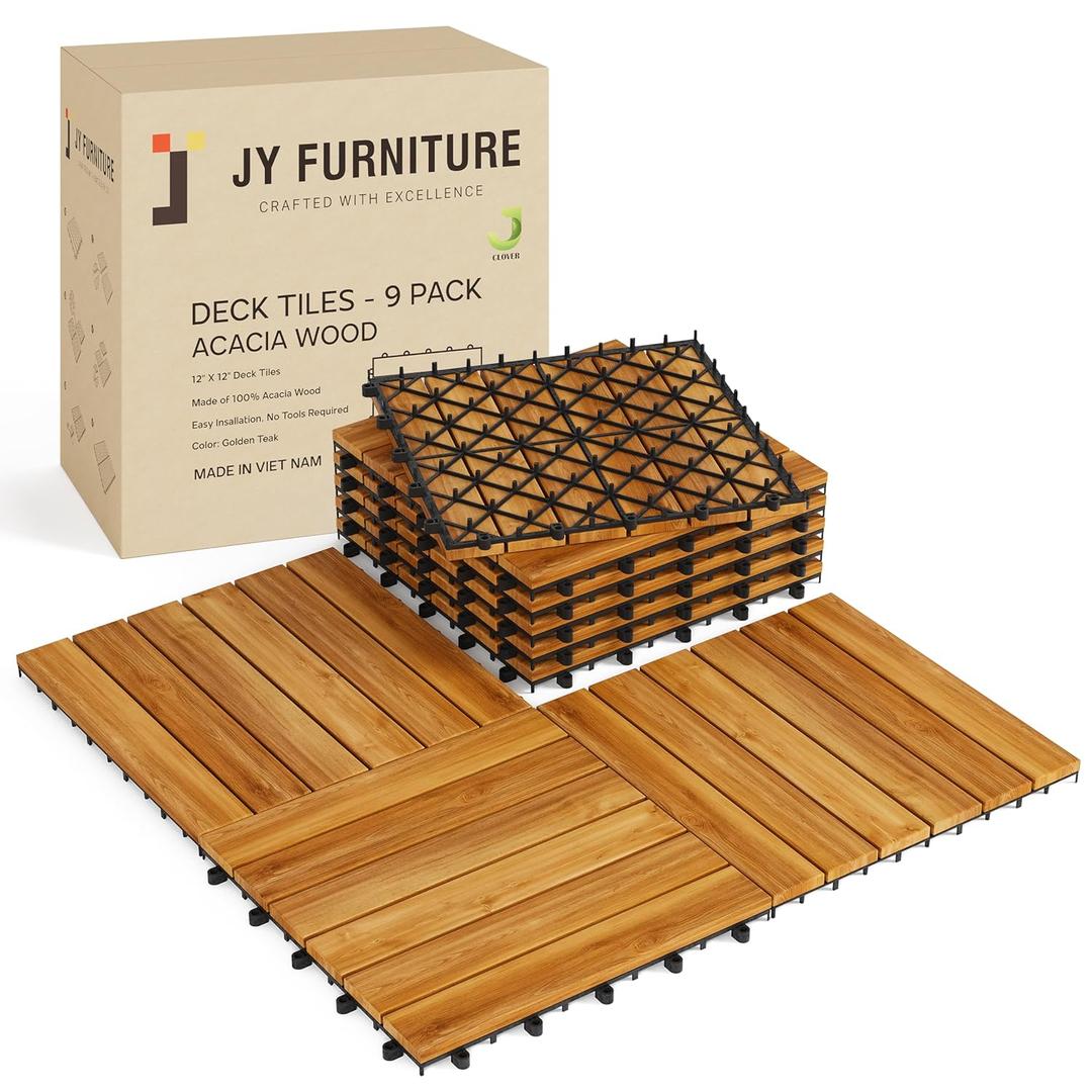 9 PCS Interlocking Deck Tiles 12" x 12" - Premium Acacia Wood Patio Tiles Waterproof - Deck Tiles Interlocking All Weather Waterproof Flooring - Easy Installation for Indoor & Outdoor (Golden Steak)