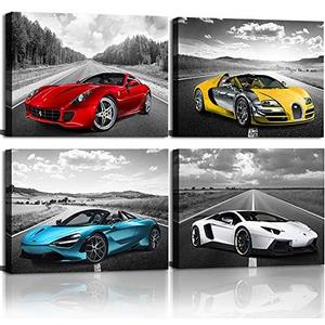 Car Poster Decor Black and White Wall Art Framed Car Art for Teen Boys Man Bedroom Décor Sports Posters Ferrari Lamborghini McLaren Bugatti Canvas Posters for Office Room Decor Gift for Teen Boys