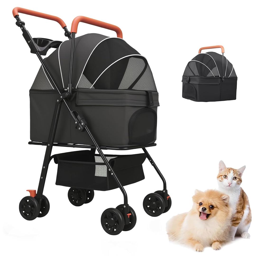 Pet Stroller for Medium Small Dogs/Cats - 4 Wheels Foldable Dog Stroller with Storage Basket,Dog/Cat Carrier,Adjustable Handle,Folding Puppy Carrier Suitable for Traveling with Cats and Dogs (Black)