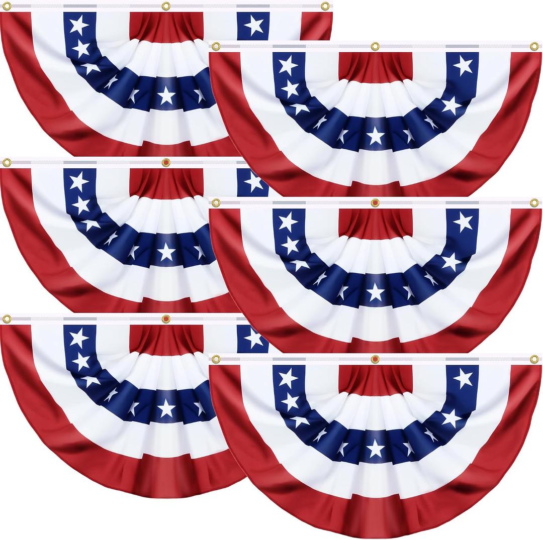 6 Pack 1.5 X 3 FT American Bunting Flag 4th of July Decorations, USA Pleated Fan Flag Memorial Day Patriotic Half Fan Banner 100% Polyester Fourth July Independence Day Outdoor Indoor Decor