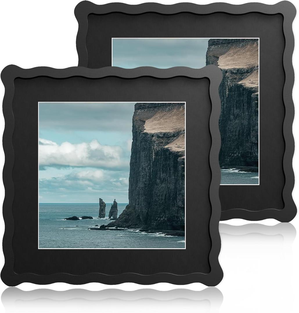 10x10 Wavy Picture Frame With Mat For 8x8, Wavy Edge Wooden Picture Frame with Real Glass - Wall Mount and Tabletop Display, Black, 2 Pack
