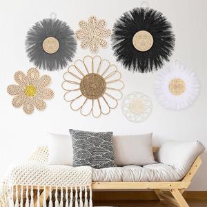 Chunful 7 Pcs Boho Wall Basket Decor Rattan Flower Wall Decor Nursery Daisy Flower Woven Macrame Hanging Flowers for Baby Kids Girls Farmhouse Bedrooms Living Rooms Kitchen Home(Light Grey)