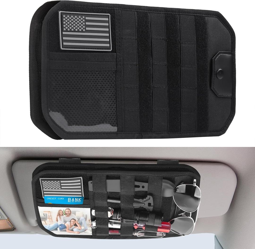 Car Visor Organizer with Zipper Multi-Pockets & Sunglass Holder Molle Car Sun Visor Organizer Universal Fit for Trucks, SUVs, Jeeps & Patrol Vehicles