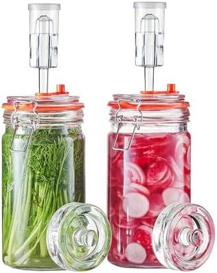 JILLMO Fermentation Jar with Weight, 1 Liter Fermenting Jar with Fermentation Weights and Airlocks, Pack of 2