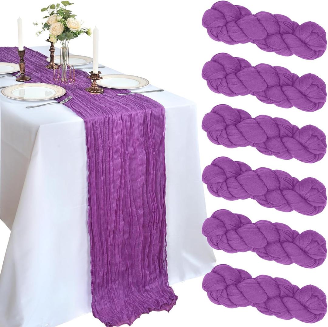 6 Pack 10Ft Purple Cheesecloth Table Runner 23 x 120 Inch | Gauze Rustic Boho Cheese Cloth, Sheer Fabric, For Holiday Party Wedding Banquet, Bridal Baby Shower Decor