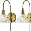 Vintage Wall Sconces with Clear Flower Glass Lampshade, Indoor Bath-Room Wall Sconce, Modern Gold Industrial Lighting Fixture for Mirror Living Room Hallway 2 Pack