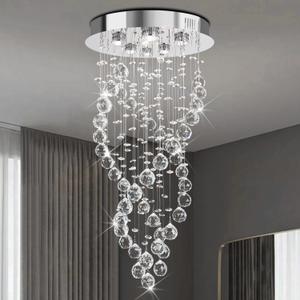 Modern Luxury 6-Lights Spiral Raindrop Crystal Chandeliers for Dining Room, K9 Crystal Ball Flush Mount Ceiling Light Fixture for Living Room, Bedroom, Bathroom, Hallway, Staircase of CRYSTOP, Sliver 6 Lights-Height 34"