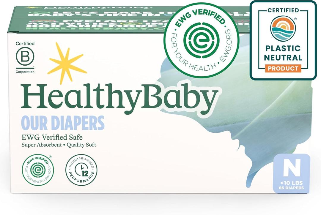 HealthyBaby Our Diapers | EWG Verified Safe & Plant-Based Diapers | Leak Protection | Soft Organic Cotton Shell | Chlorine-Free Diaper for Sensitive Skin | Size N (Under 10 lbs) 66 Count
