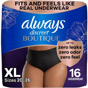 Always Discreet Boutique Incontinence and Postpartum Underwear for Women, Maximum Protection, XL, Black, 16 Count