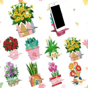 Kenning 8 Pcs Spring Flower Diamond Painting Cell Phone Stand DIY 5D Full Crystal Acrylic Floral Potted Green Plant Diamond Art Phone Holders Kits for Beginner Adult DIY Craft Spring Gifts