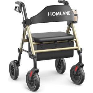 Walkers for Seniors with Seat, Foldable Rollator Walker, Reinforced Aluminum Frame, 8" Big Rubber Wheels for All Terrain, Height Adjustable Lightweight Rolling Walker (400 Pound, Champagne)
