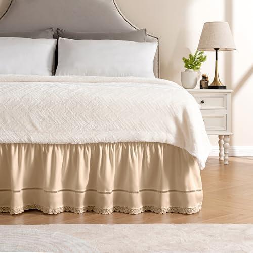 MIYE Wrap Around Ruffled Lace Bed Skirt, Elastic Dust Ruffle with Adjustable Belts, Easy to Put On, Bed Frame Cover, Machine Washable (Floral Lace/Cream, King/Queen-15 Drop)