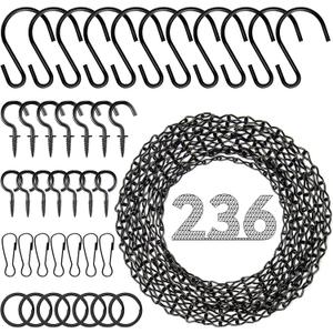 Metal Hanging Chain, 236 Inch Black Chains for Plants, 12×S Hooks, 12×Buckles, 12×Rings, 24×Screw Hooks for Bird Feeder, Planter, Wind Chimes (Black)