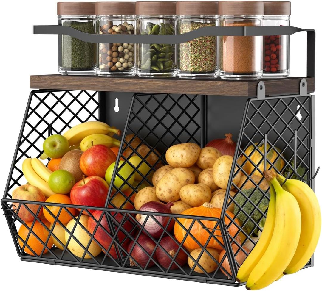 3-in-1 Magnetic Fruit & Vegetable Basket with Spice Rack Shelf for Fridge - Wall Mount Countertop Kitchen Wire Storage Organizer for Produce Potato Onion, Kitchen Essentials and Decor, Rustic