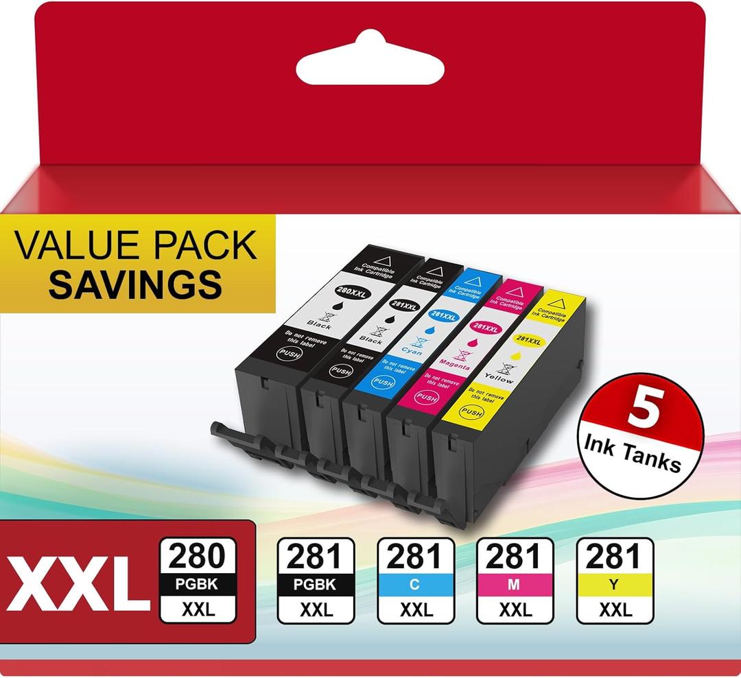 High Yield 280XXL 281XXL Ink Cartridges Replacement for Canon Printers  5-Pack with Upgraded Chip, Crisp Text & Vivid Colors Works with Canon PIXMA TR8620a, TR8520, TS9520, TS9521C, and More