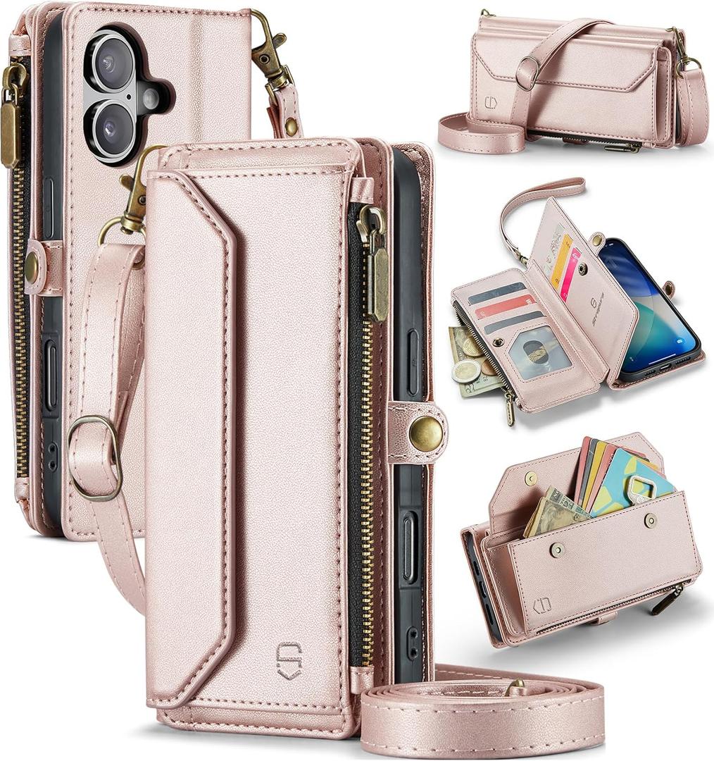 Strapurs Wallet Case Compatible with iPhone 17 6.3" RFID Blocking 9-Card Holder Soft PU Leather Magnetic Snap Shoulder Strap Zipper Pocket Phone Case Fit for iPhone 17 for Women - Rose Gold