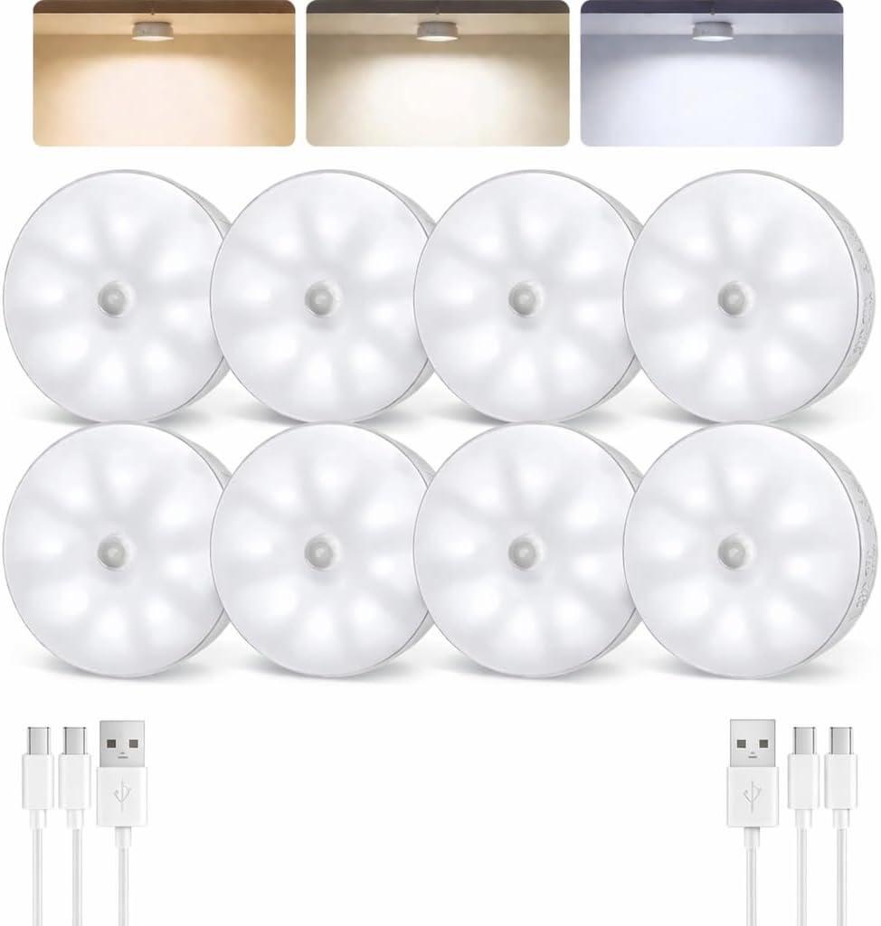 EZVALO 8 Pack Motion Sensor Closet Lights, 1200mAh Rechargeable Under Cabinet Lights, Night Lights, Puck Lights, Dimmable, 3 Color Temps, Magnetic, Stick-On for Kitchen, Stairs, Closet