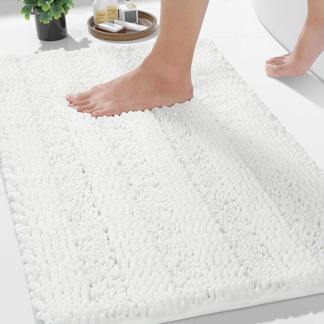 Yimobra Bathroom Rug Mat 32 x 20, Non Slip and Super Absorbent Bath Mat,Machine Washable Quick Dry,Ultra Plush Chenille Shower Rugs for Bathroom Floor Sink Tub and Shower Outside,White
