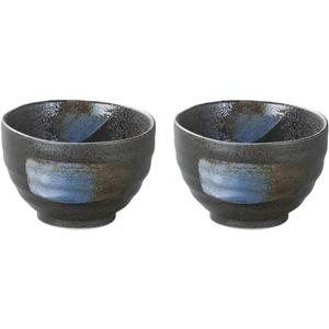 Japanese Mino Ware Ceramic Rice Bowls Set, 4.1 inches in diameter H2.76 inches 11 Fluid Ounces, Chawan Black in Blue Point Pattern, Set of 2, TG42526