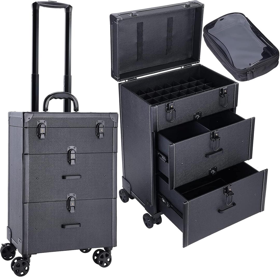 Frenessa Rolling Nail Case - Wheeled Vegan Leather Manicure Storage Organizer for Nail Technicians, Cosmetologists, and Stylists