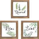 pechpell 3 Piece Relax Soak Unwind Wall Art Bathroom Signs, Wooden Sage Green Spa Bathroom Decor, Botanical Leaves Plant Pictures Indoor Restroom Shelf Table Bedroom Rustic Farmhouse Home Decorations