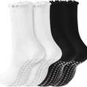 REACH STAR 4 Pairs Pilates Socks with Grips Non Slip Ruffle Yoga Grip Socks for Women (6-10, Black+white)