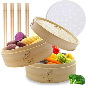 2-Tier Bamboo Steamer Basket Set 10-Inch, 50 Liners & 4 Pairs Chopsticks for Dim Sum, Dumplings, Buns, Seafoods, Rice and Asian Foods