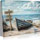 BHSUUHIT Nautical Boat on Beach Wall Art Coastal Painting Wall Decor Ocean Seagull Seascape Canvas Posters Sea Bird Farmhouse Prints pictures for Seashore Bathroom Bedroom Living Room(16x12in Canvas)