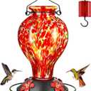 Hand Blown Glass Hummingbird Feeders for Outdoors Hanging, 24oz Wild Bird Nectar Feeder with Ant Moat and Perch, Bee-Resistant Ports, Garden Decor, Gifts for Women Mom, 1 Pack, Red Polka Dots