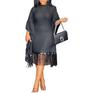 knowfashionstyle Womens Dresses Casual Midi Lenght Fringe Dress Plus Size Sequins Batwing Sleeve Tassel Hem Wrap Dresses (X-Large, Black)