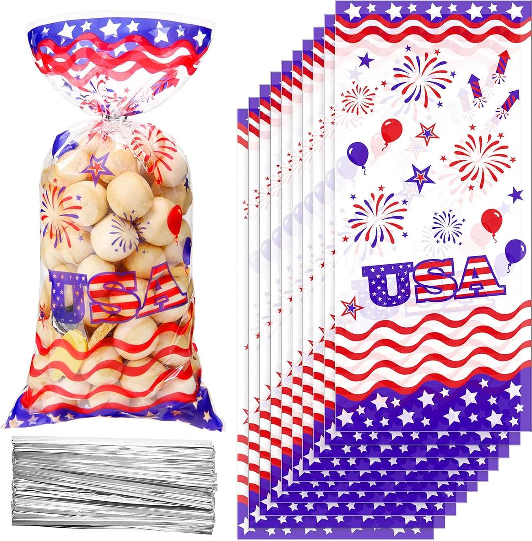 Outus 100 Pcs Patriotic Labor Veterans Day Celllo Treat Bags Bulk 4th of July Goodie Blue Red USA Star Candy Cellophane Plastic Bag with 100 Silver Twist Tie for American Party Supplies Favor Gift