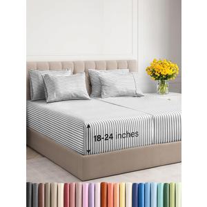 Extra Deep Split King Sheet Set - 7 Piece Breathable & Cooling Sheets - Hotel Luxury Bedding Set 18-24 Inch Extra Deep Pockets - Easy Fit, Soft, Wrinkle Free & Comfy - Grey Stripes, Split King Size