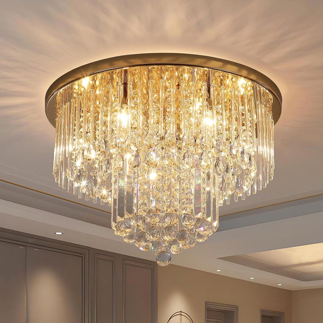Gold K9 Crystal Chandelier Flush Mount Ceiling Light,Modern Round Raindrop Crystal Chandeliers Light Fixtures for Foyer Bedroom Living Dining Room Entryway,6-Light D22 x H13