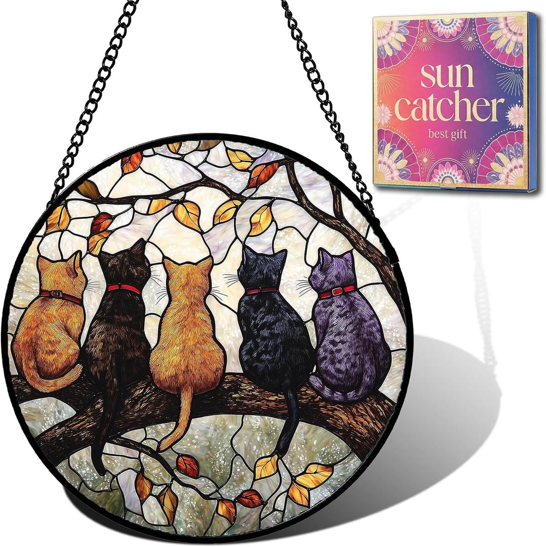Cats on Tree Branch Autumn Suncatcher Sun Catchers Indoor Window Gifts 9.8"