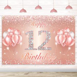 Happy 12th Birthday Banner Backdrop - 12 Birthday Party Decorations Supplies for Girls or Boys - Rose Gold 4 x 8ft