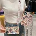 Compatible with iPhone 14 Plus Case,[ with wrist strap + lanyard ]Colorful Retro Oil Painting Printed Flower Laser Glossy Pattern Cute Exquisite Phone Cover Stylish Protective Case for Girls Women. (Pink)