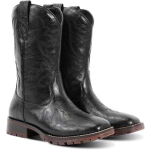 RLW Men's Western Cowboy Boots, Square Toe Work Boots with Comfortable Synthetic Leather for Riding Farming (10.5, Black)
