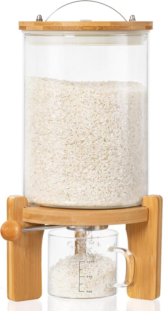 HBlife  Glass Rice Dispenser with Wooden Stand Flour and Cereal Container with Glass Measuring Cup Pantry Food Organization Storage Bin with Airtight Bamboo Lid, 3L