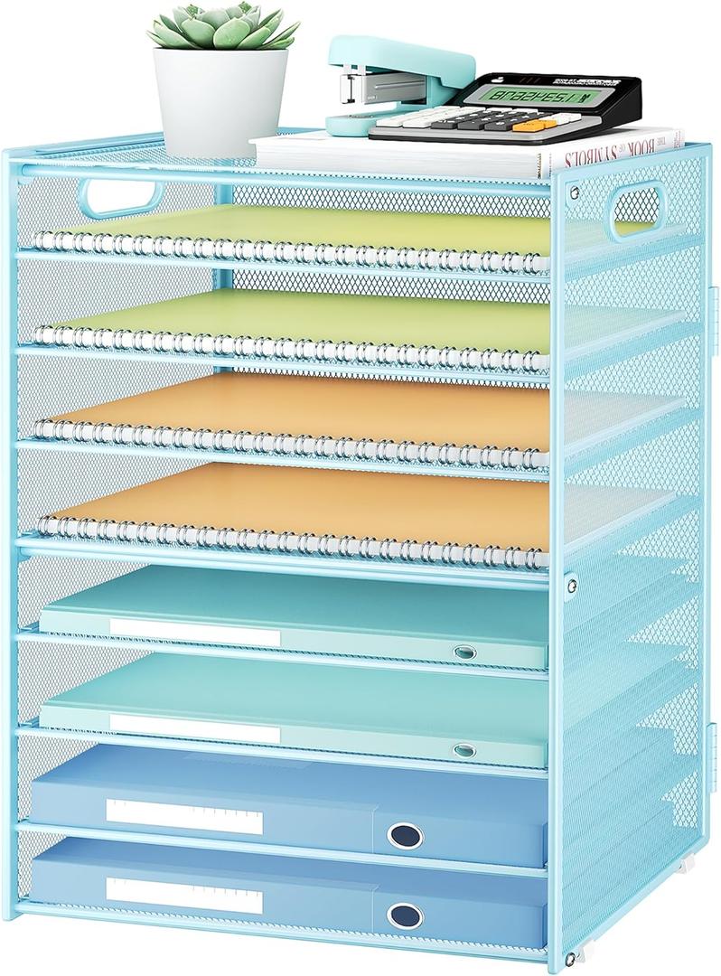 Marbrasse Paper Organizer Letter Tray, 9 Tier Mesh File Organizer with Handle, Paper Sorter Desk Organizer for Home Office Supplies - Blue