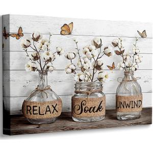 Relax Soak Unwind Canvas Wall Art, Farmhouse Bathroom Painting Picture Wall Decor, Cotton Flower Butterfly Poster Print Artwork for Restroom Home Decoration 12x16in