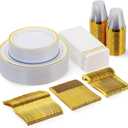 Goodluck 175 Pieces Gold Dinnerware Set for 25 Guests, Plastic Plates Disposable for Party, Include: 25 Dinner Plates, 25 Dessert Plates, 25 Paper Napkins, 25 Cups, 25 Gold Silverware Set