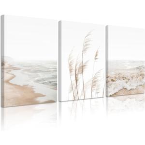 Joocrise Beach Wall Art Boho Prints Coastal Canvas Wall Art Beach Pictures Pampas Grass Ocean Poster Plant Landscape Beach Scene Artwork for Living Room Bedroom Decor 12x16x3 Inch Wrapped Canvas