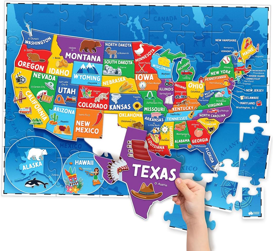 United States Puzzles for Kids Ages 4-6 - Educational Toys for Boys & Girls - 70Pcs USA Map Kids Puzzle with 50 States & Capitals - Floor Jigsaw Puzzles - Fun Learning Activities & Gifts for Children