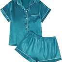LILLUSORY Silk Satin Pajama Set for Women 2 Piece Lounge Pjs Shorts Matching Summer Sleepwear Button Down Shirt Shorts (XX-Large, Lakeblue)
