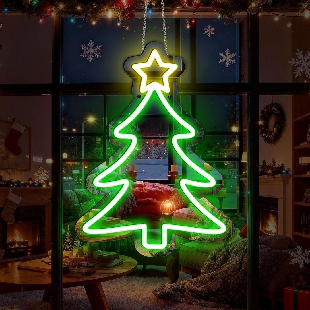 16 x 12 Christmas Tree Mirror Neon Sign LED, USB Powered Acrylic Neon Wall Decor, Perfect for Holiday Decorations, Christmas Parties, and Winter Home Decor