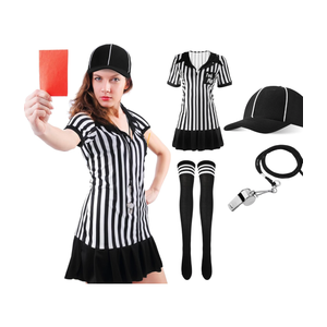 SATINIOR 5 Pcs Women Referee Costume Set Umpire Outfit Stripe Ref Shirt Hat Long Socks Whistle for Halloween Cosplay Party, XL